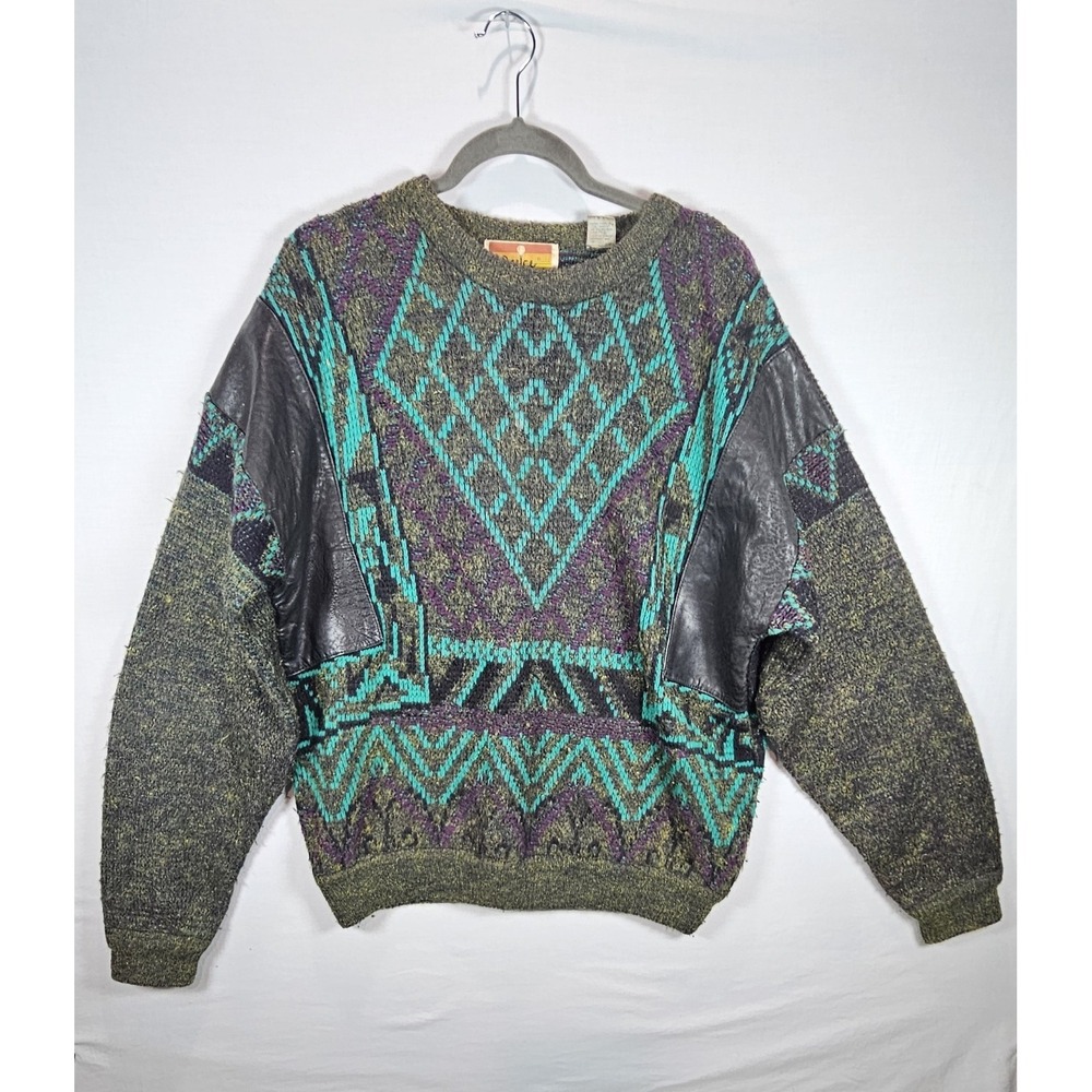 Vintage JUICE Geometric Knit Sweater Leather Elbow‎ Patches Sz M 90s Cosby